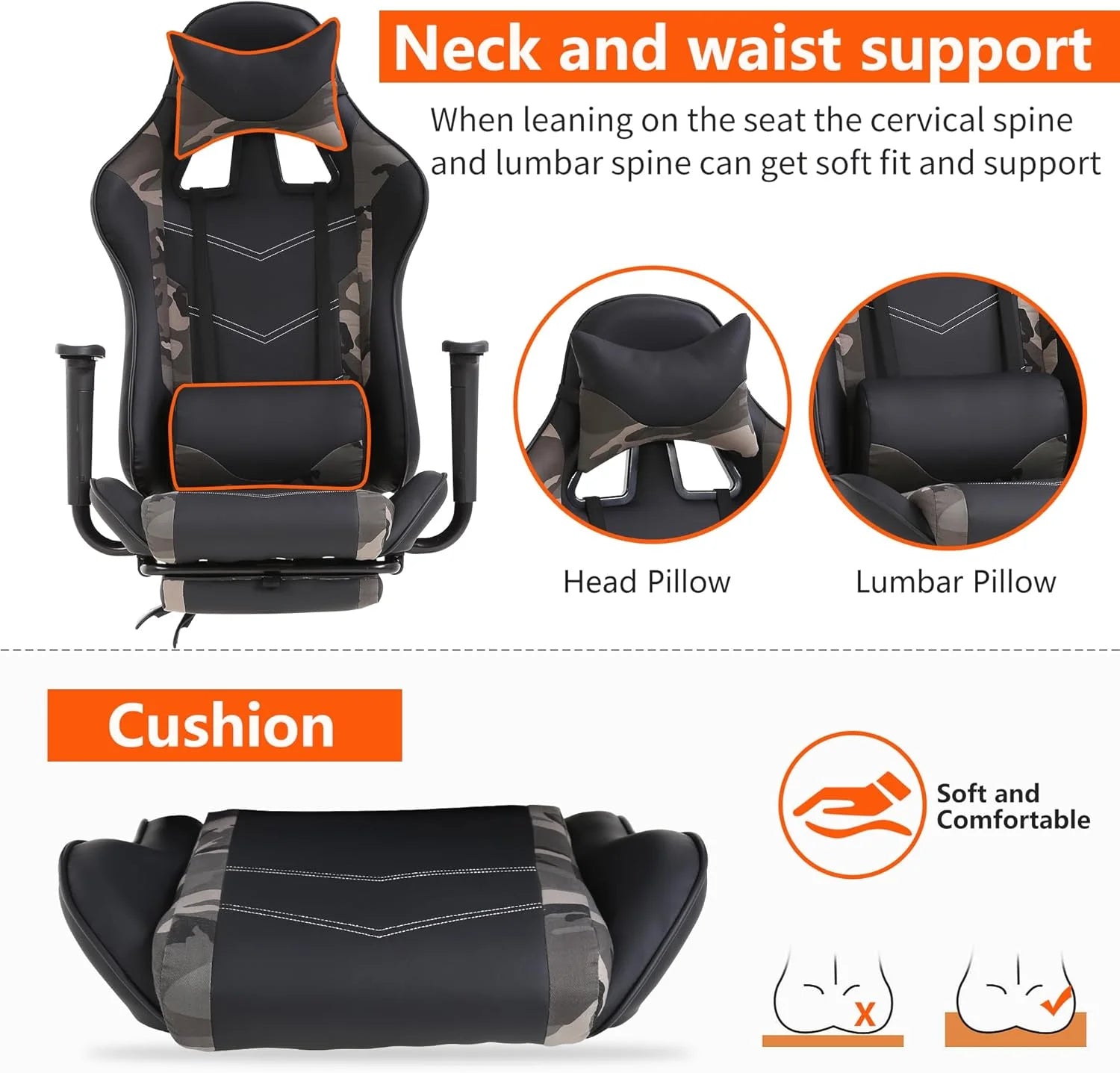 Camo Gaming Office Chair - Ergonomic PU Leather W/Lumbar Support & Footrest，Rolling Swivel