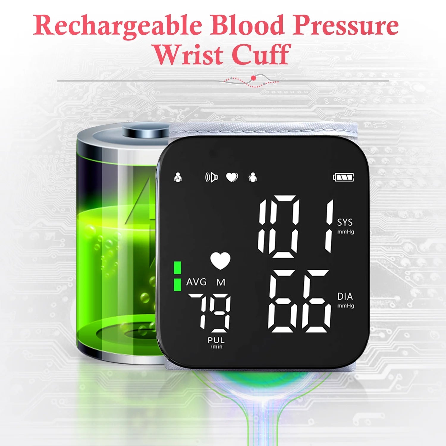 Blood Pressure Monitor, Rechargable Wrist Pressure LCD Display Automatic Voice Pulsometer Sphygmomanometer, Heart Health BP Monitor for Home Travel Use,White