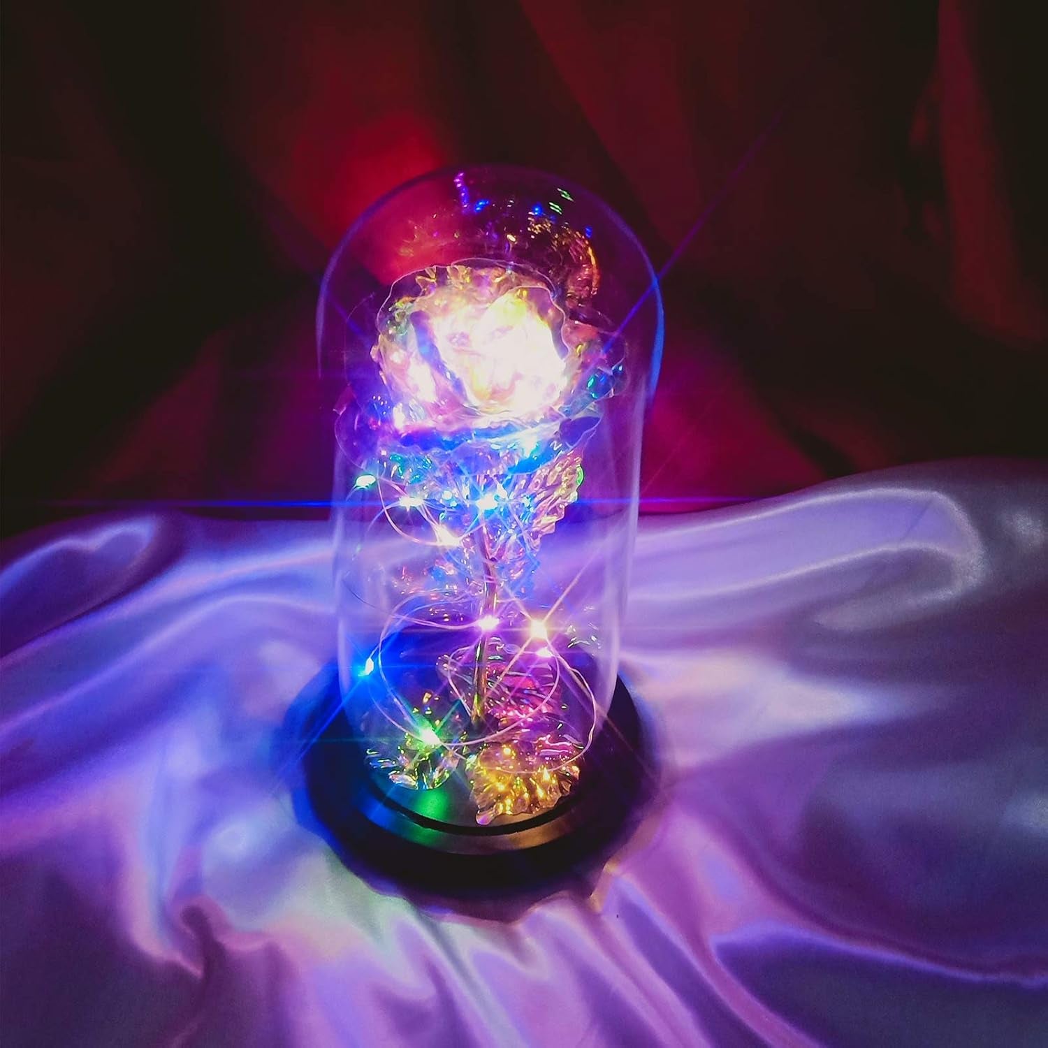 Birthday Gifts for Women, Valentines Day Gifts for Her, Galaxy Flower Rose Gifts for Her Naughty, Glass Rose Valintine Day Gifts for Girlfriend, Wife, Daughters, Rainbow Light up Flower in Glass Dome