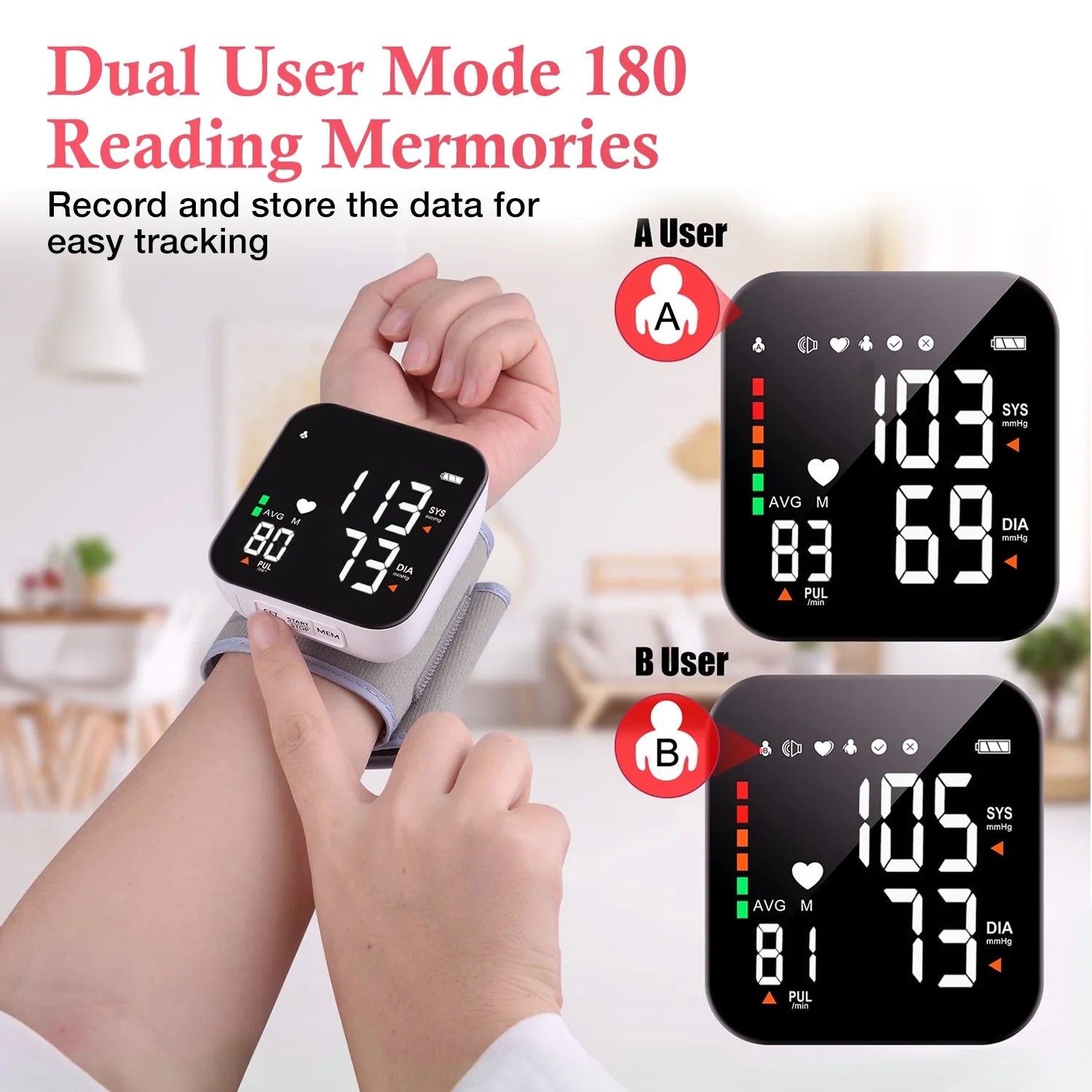 Blood Pressure Monitor, Rechargable Wrist Pressure LCD Display Automatic Voice Pulsometer Sphygmomanometer, Heart Health BP Monitor for Home Travel Use,White