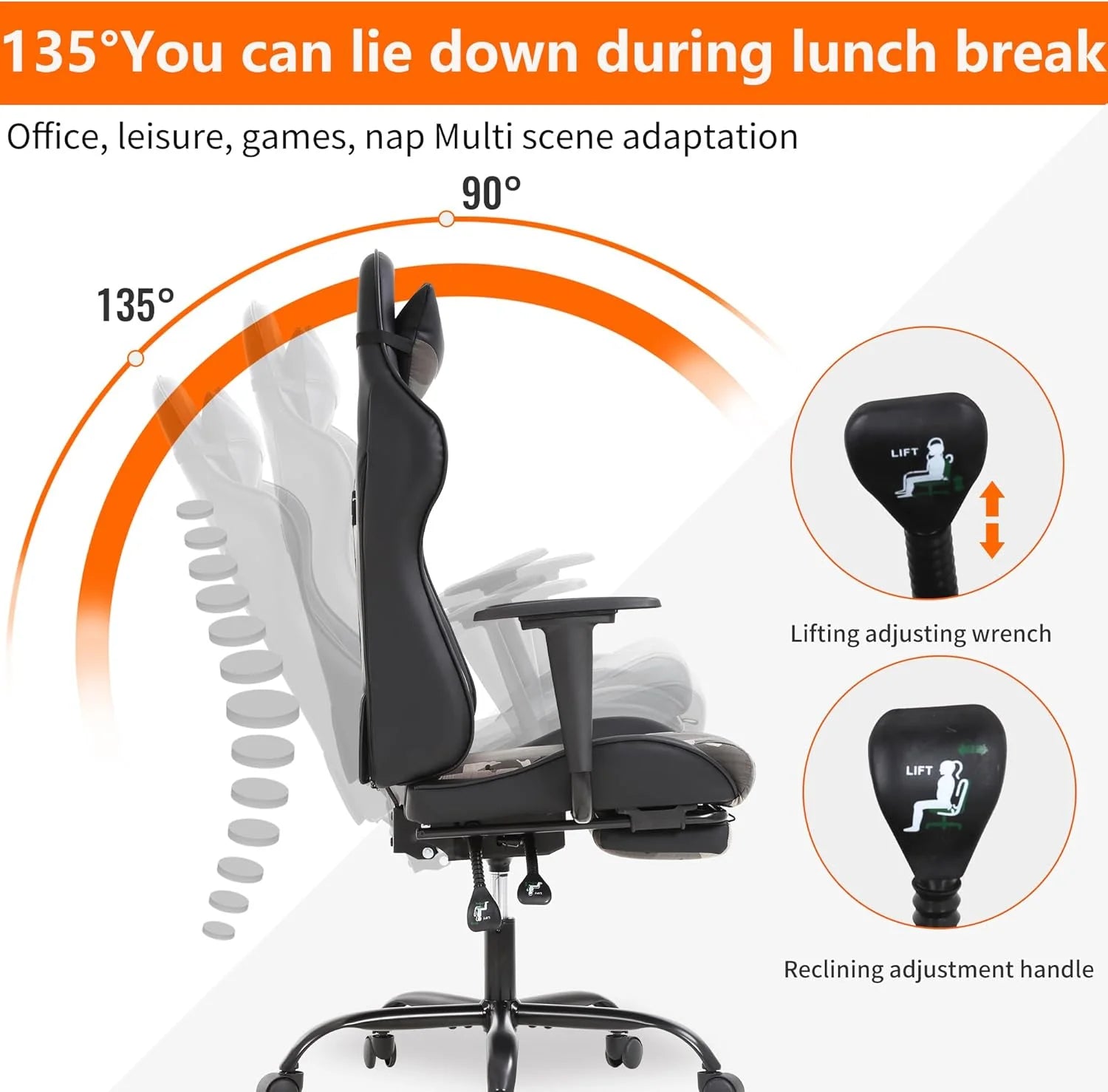 Camo Gaming Office Chair - Ergonomic PU Leather W/Lumbar Support & Footrest，Rolling Swivel