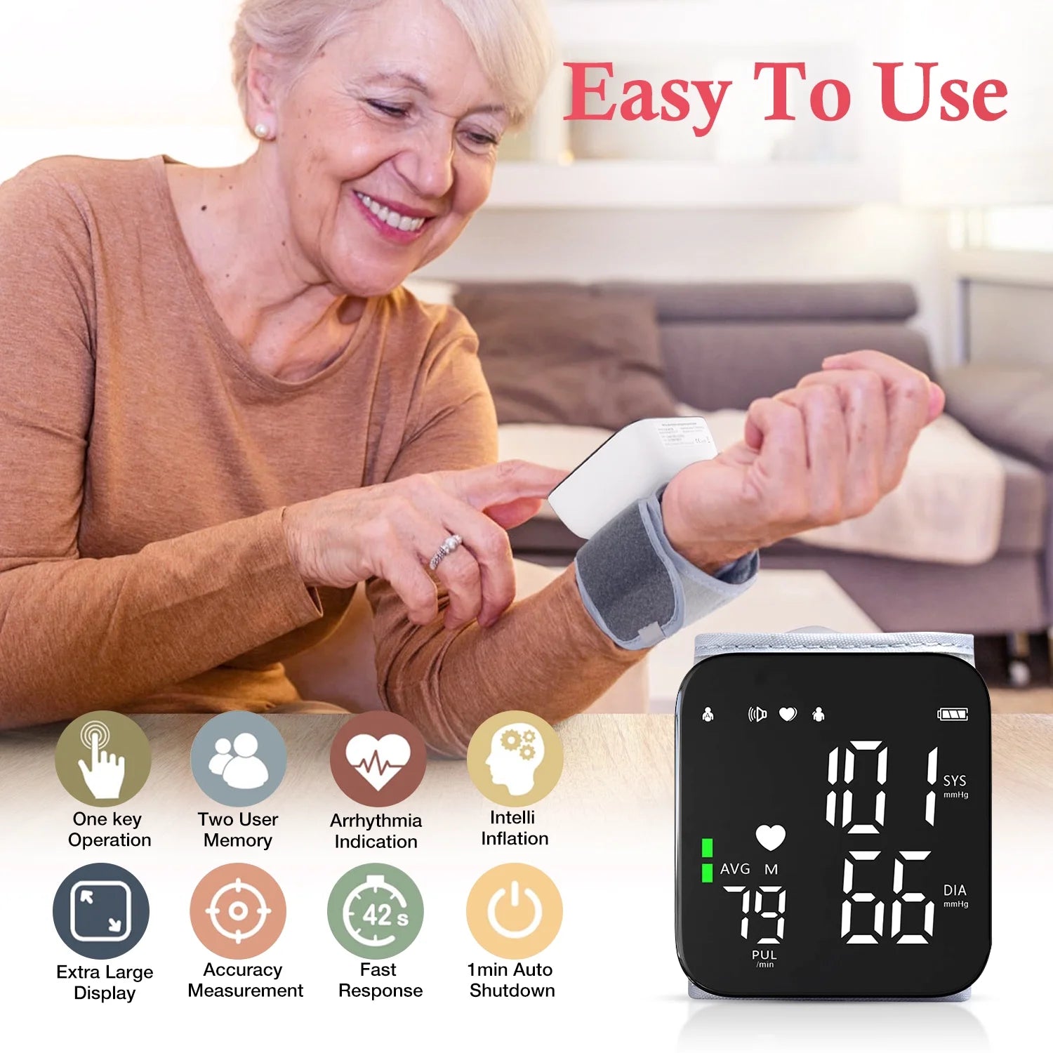 Blood Pressure Monitor, Rechargable Wrist Pressure LCD Display Automatic Voice Pulsometer Sphygmomanometer, Heart Health BP Monitor for Home Travel Use,White